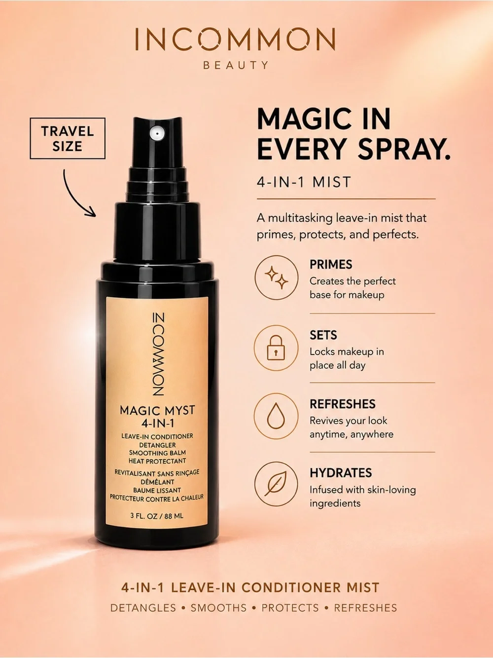 INCOMMON Magic Myst 4-in-1 Leave-In Mist Travel Size 3oz no cap